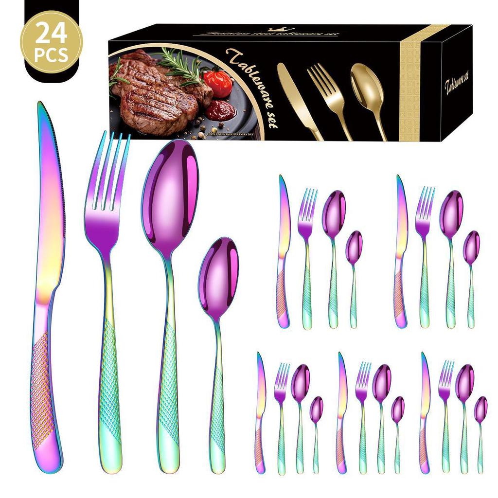 Zestaw 24-częściowej, pozłacanej zastawy stołowej ze stali nierdzewnej o wysokiej wartości: Zestaw noży, widelców i łyżek dla 6 osób, z motywem gwiazdy i diamentu, w pudełku prezentowym.