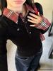 Women's Autumn Plaid Polo Collar Long Sleeve Top, Slim Fit, Embroidered Two-Piece Style
