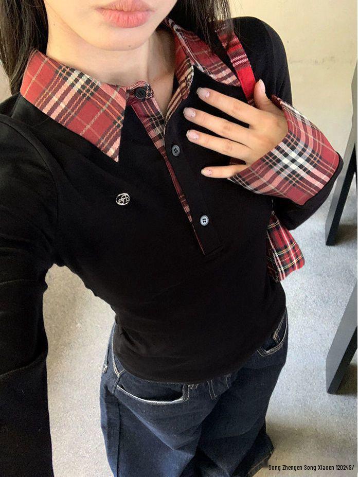Women's Autumn Plaid Polo Collar Long Sleeve Top, Slim Fit, Embroidered Two-Piece Style