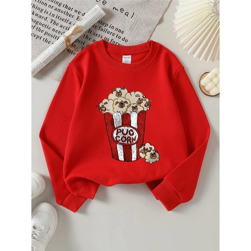 European Sizes Kids' Round-Neck Hoodie - Pug Faces Popcorn Bucket Design | , Sportswear and Casual Wear, Soft and Comfortable, Playful Design