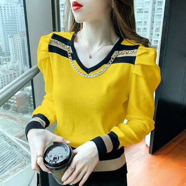 Jaro Podzim Nová Móda Kontrastní Barva Bufetové Rukávy Spodní Pletenina Dámský Pletený Svetr s V-výstřihem Top s Dlouhým Rukávem