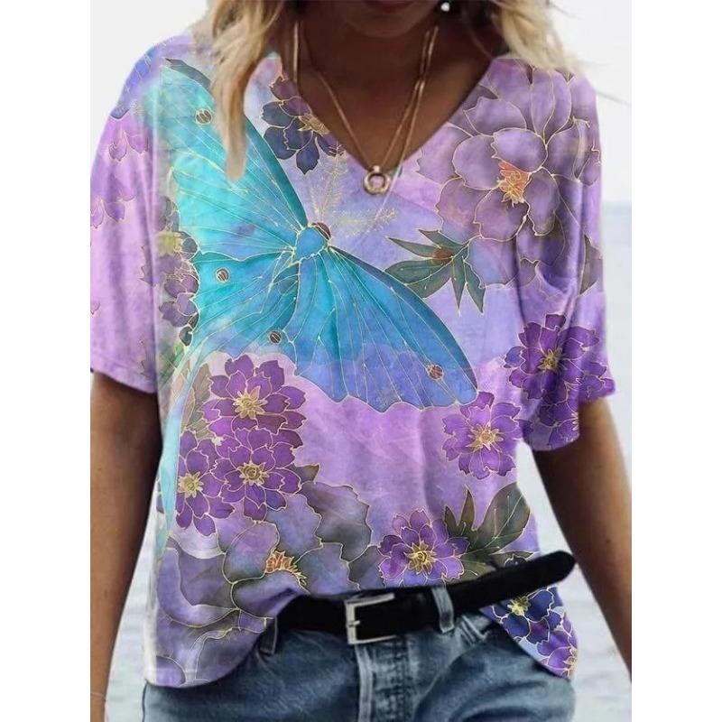 Sommar V-ringad 3D Blommig Tryckt Topp Trendiga Casual Kortärmade Dam T-shirts