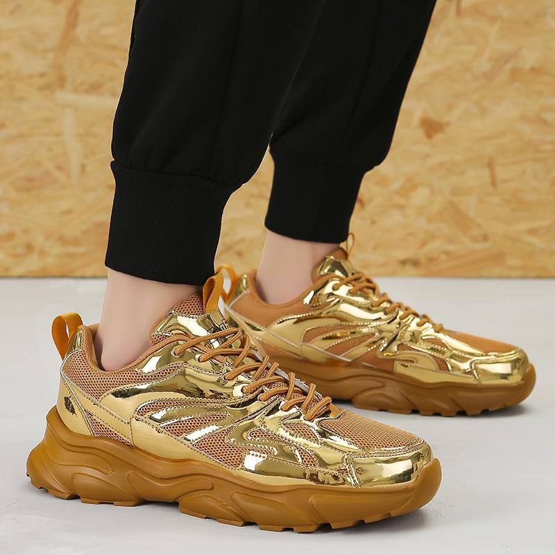 Luksus Gull Sneakers Menn Glansfulle Plattform Fritids Herresko Mote Mesh Lettvekt Treningssko Herresko zapatillas de hombre