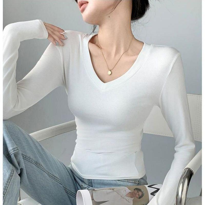 

Women s Slim-fit Black V-neck Long Sleeve Autumn T-shirt - Korean Style Base Layer S (80-95 lbs) белый