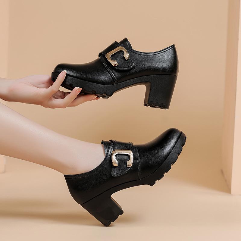 CINESSD 2023 New Deep Mouth Leather Shoes Platform Wedges Shoes Woman Autumn Winter Shoes Elegant Black Shoes