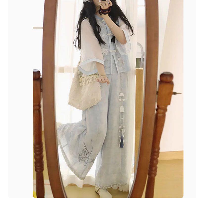 Modern Han Element Song Dynasty-Inspired Shirt & Pants Set for Women S