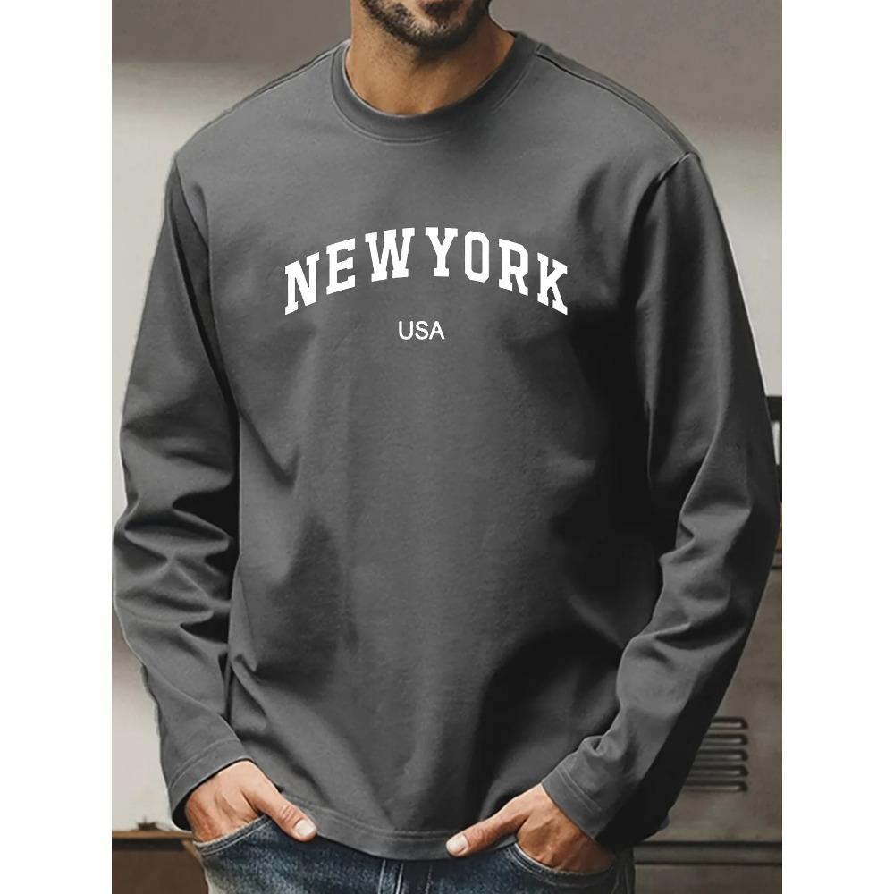 Spring and Autumn Round Neck Letter " New York USA" Graphic 3D Printed Top Fashionable Casual Long Sleeved Men's T-shirts