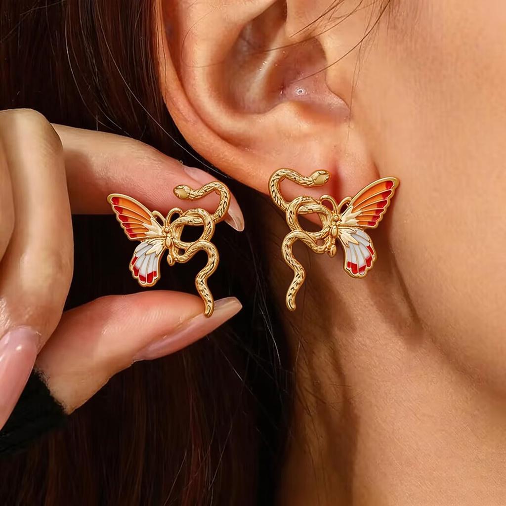 Sweet Butterfly Drip Oil Earrings for Women Snake Shape Creative Splicing Stud Earrings Exquisite Stylish Banquet Jewelry Gifts
