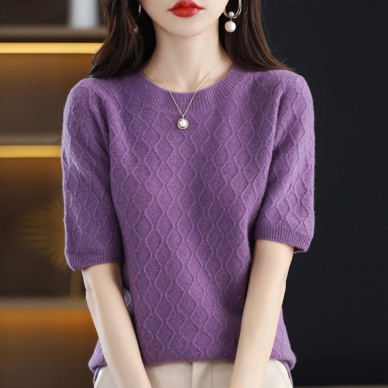 Winter Knitted Short Sleeve T-shirt Women's Loose Bottom Shirt Mid Sleeve Top