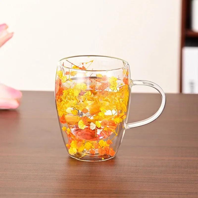 Creative  Flower Pattern Double Wall Glass Cup Clear Heat Resistant High Borosilicate Glass Coffee Mugs  Hot Cold Beer Mug Gift