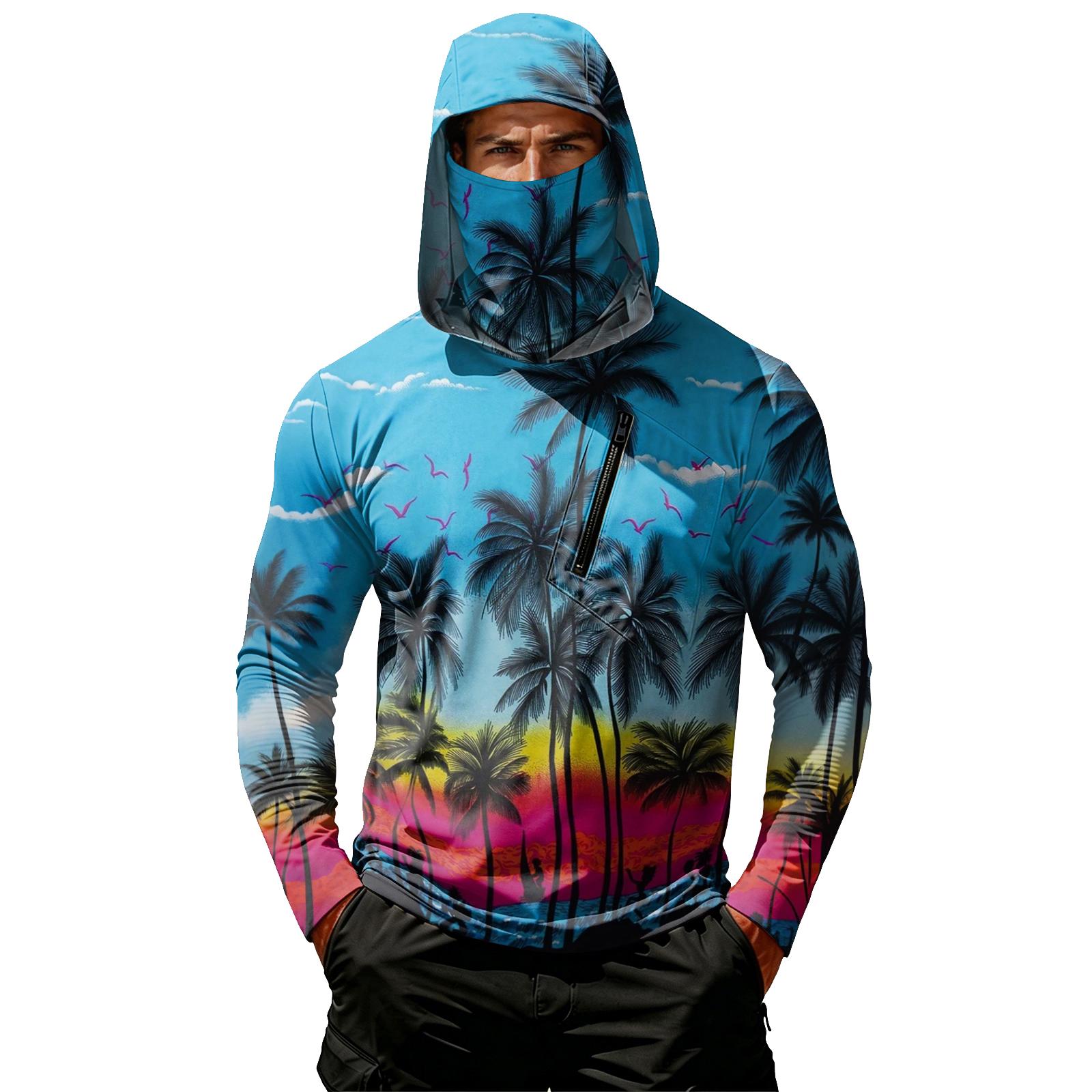 

Men’s Long Sleeve Hooded Pullover Lightweight Casual Fit Tropical Leaf Print Comfortable Sweatshirt Top L синий