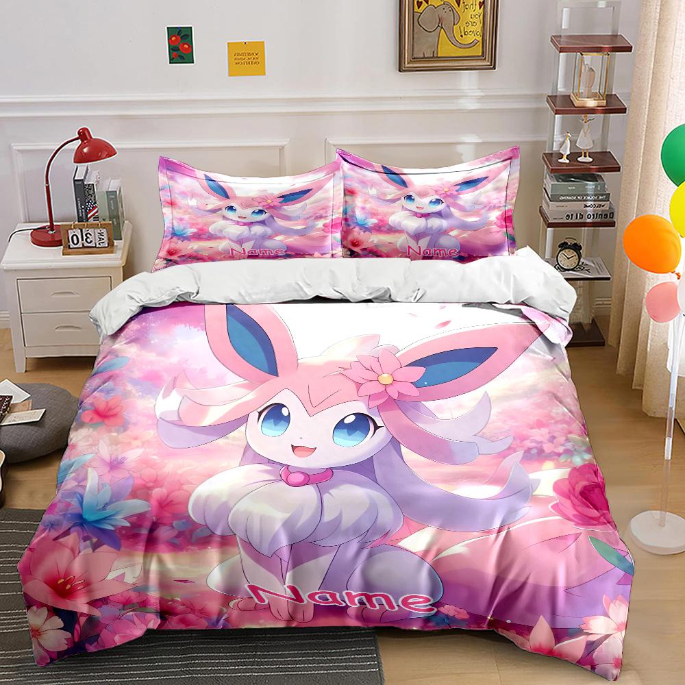 3PC Personalized Name Custom Sylveon Print Bedding Set Adult and KID, Single and Double Pillowcases and Duvet Covers, Great Gift