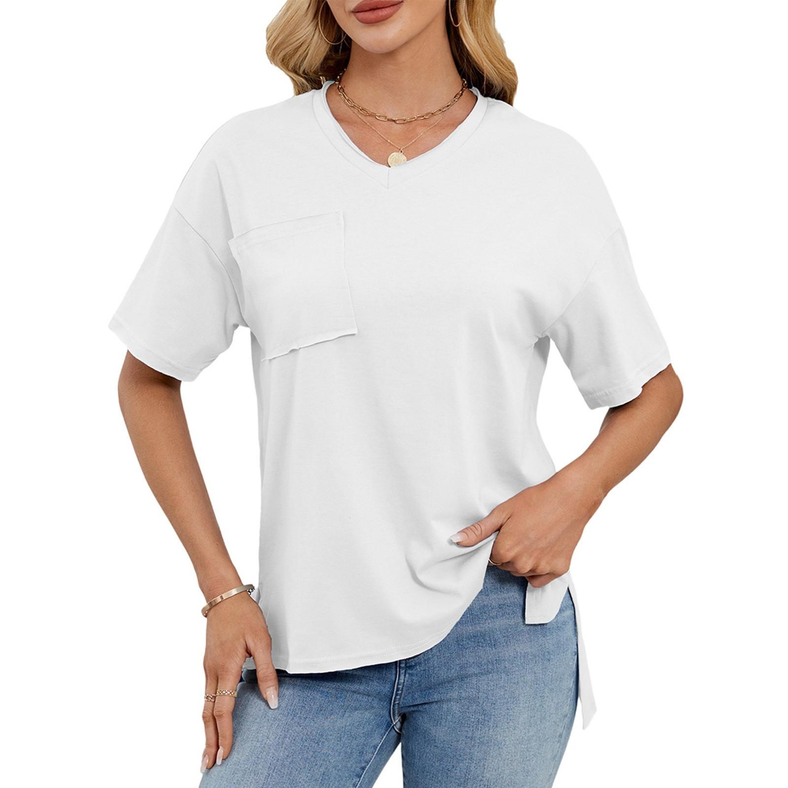 

Женская мода однотонный V-образный вырез короткий рукав карман свитер повседневная футболка топ L белый