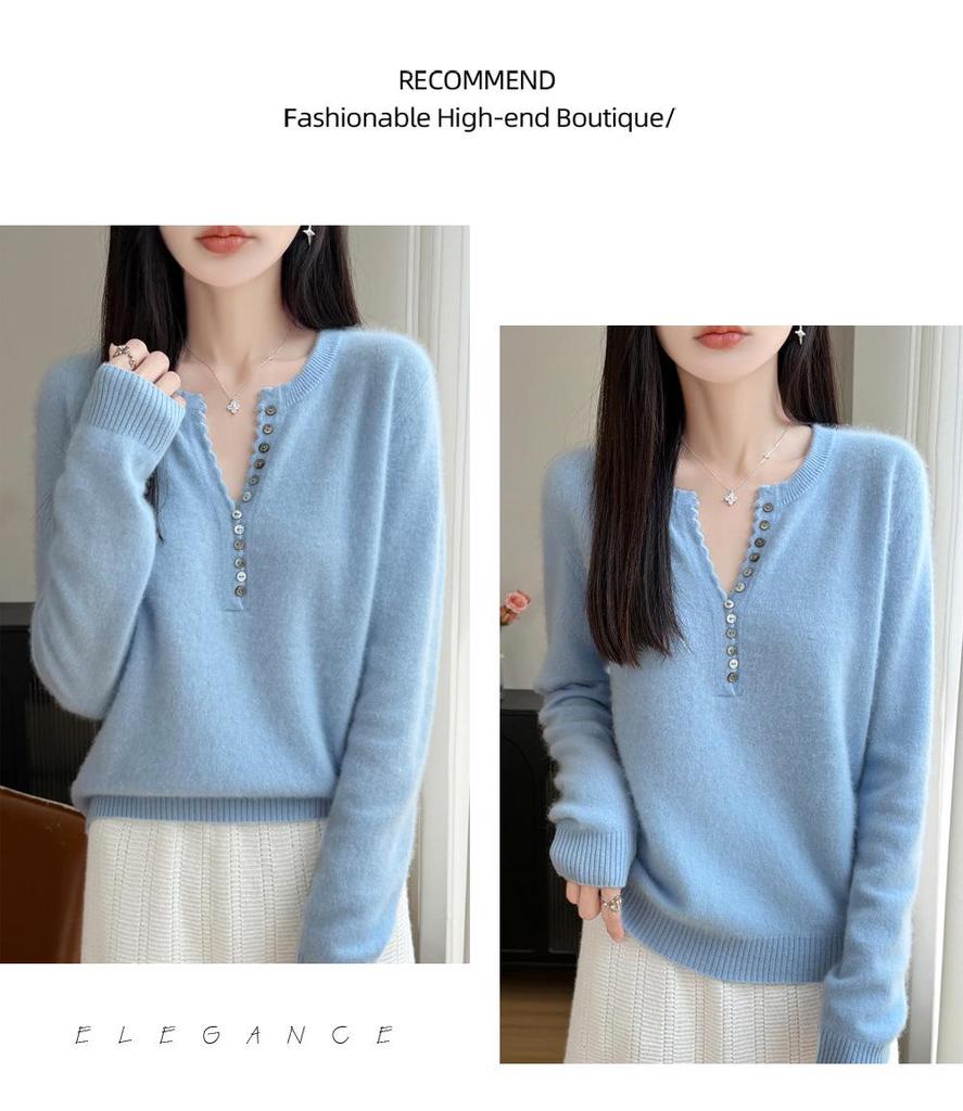 2026 Autumn Winter Women's V-Neck Long Sleeve Knit Wool Sweater, Loose Fit, Plus Size