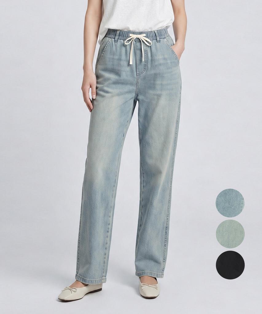KIM YOUNG JOO GOLF Summer Semi-Wide Elastic Waist Women'S Denim Pants Kqmljn96