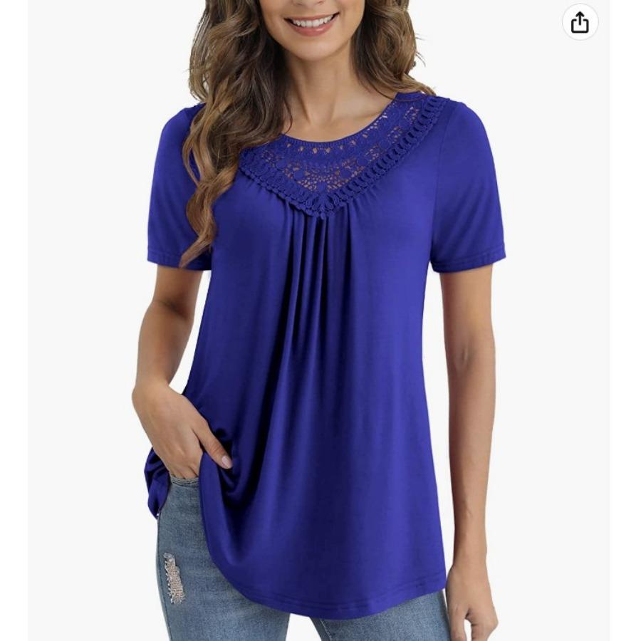 Short Sleeve Lace Hallow Out Patchwork Pleated A Line Casual T Shirt for Summer Women Plus Size Top