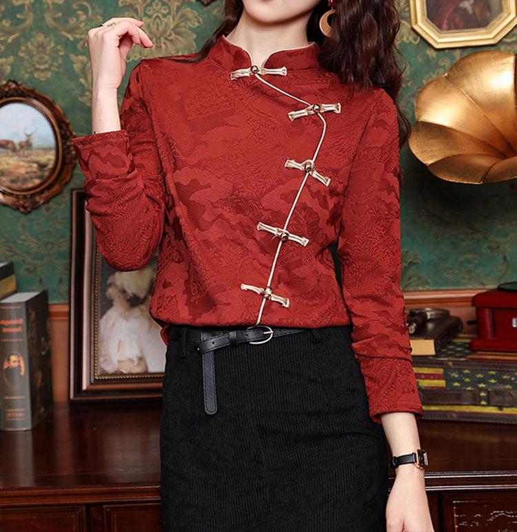 2024 Spring Red Buttoned Cheongsam Shirt for Women