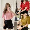Women V Collar Medium Sleeve Chiffon Blouse T-shirt