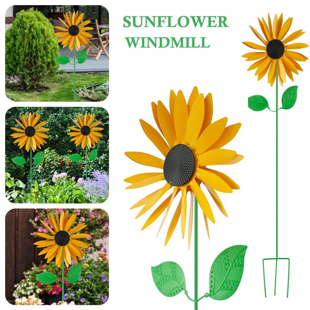 Sunflower windmill ground plug 3D metal sunflower art sculpture wind spinner sunflower stake wrought iron garden lawn decoration