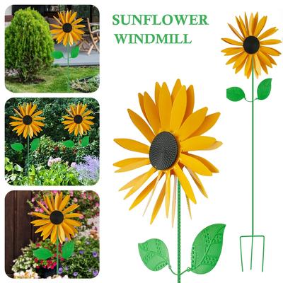 Sunflower Windmill Ground Plug 3D Metal Sunflower Art Sculpture Wind Spinner Sunflower Stake Wrought Iron Garden Lawn Decoration