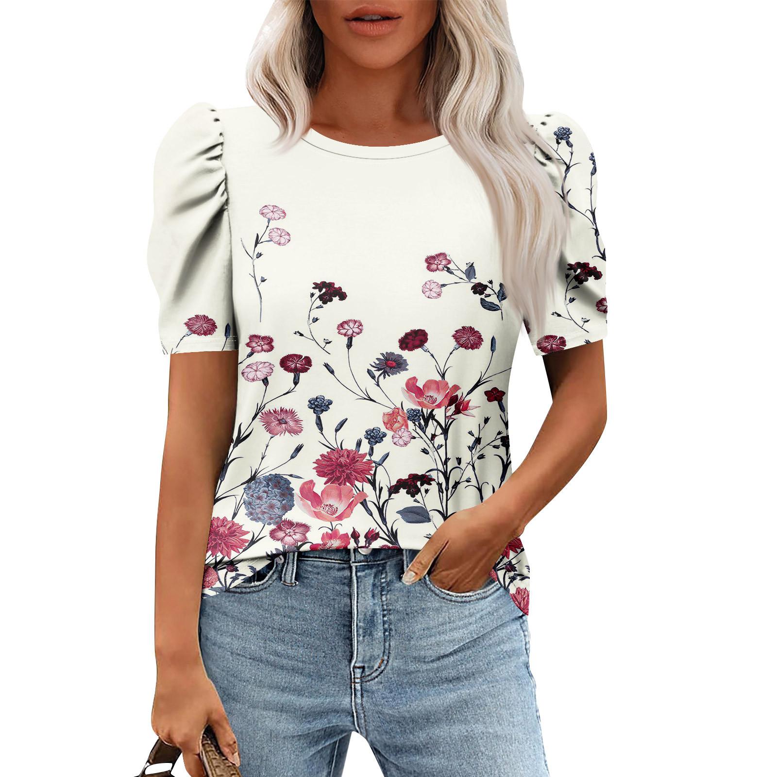 

Женские повседневные топы с коротким рукавом и круглым вырезом с принтом, туники, рубашки, летняя одежда L бежевый