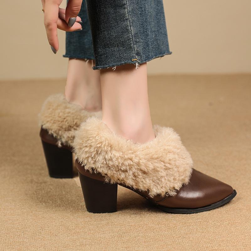 One-pedal fluffy high-heeled bare boots, winter plush warm fashion boots, new pointed-toed plush single shoes
