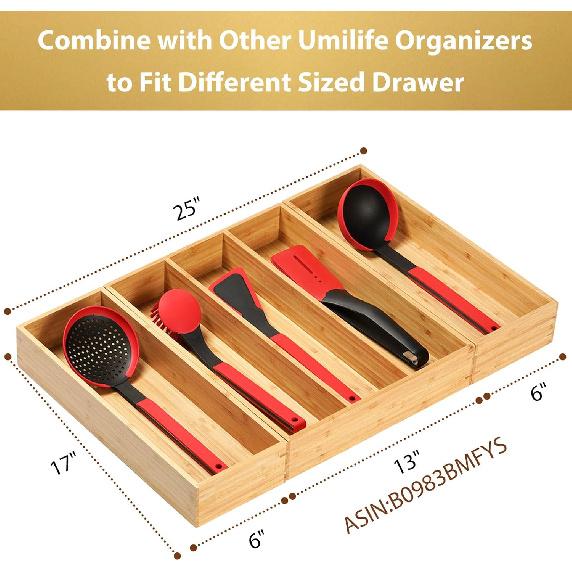 Umilife Bamboo Kitchen Utensils Organizer, Extra Long High Silverware Drawer Holder, Flatware Cutlery Storage Box, Multi-Use Drawer Divider in