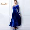 Women Evening Dress Golden Velvet V Neck Pleated A-line Pure Color Long Sleeves Full Length Dress High Waist Prom Party Maxi Dress