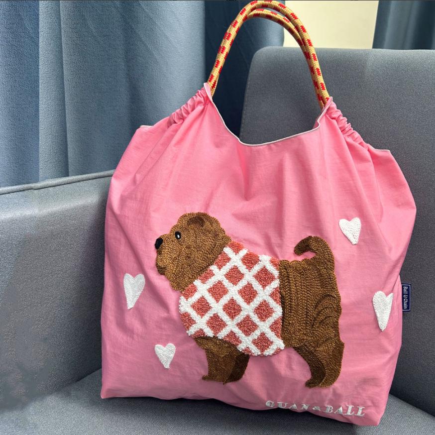 2024 Japanese-Style Cute Dog Embroidered Nylon Eco-Friendly Shoulder Shopping Bag