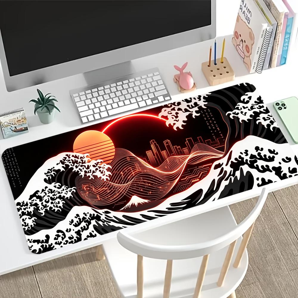 UkiyoE Wave Sakura Print Large Gaming Mousepad NonSlip Rubber Base Stitched Edge Office Keyboard Workstation Decor