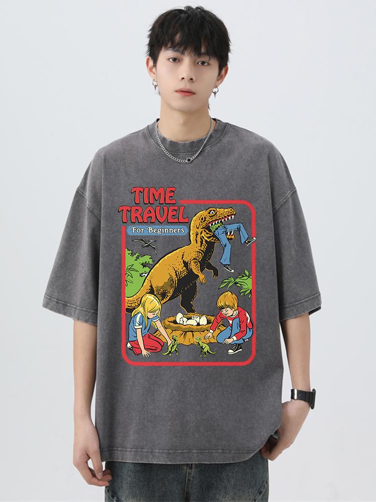 Stealing Dinosaur Baby Caught Washed Retro T Shirt Men Fashion Clothing Cotton Summer Casual Tops Hip Hop Loose Cotton T-Shirt