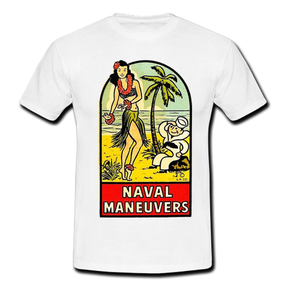 Mens Retro Surf T-shirt White Naval Maneuvers Sailor Hawaiian Hula Girl Beach XL