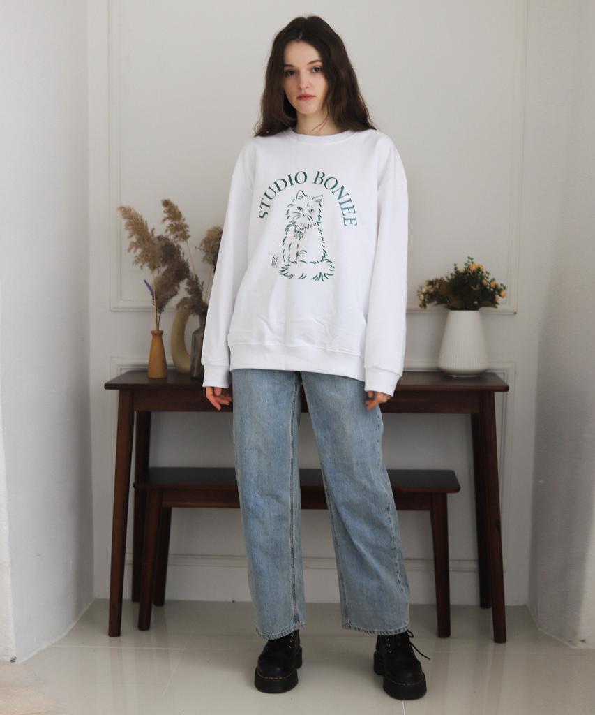 BONIEE [Fleece Lined] New Cat Symbol Cat Oversized Sweatshirt White