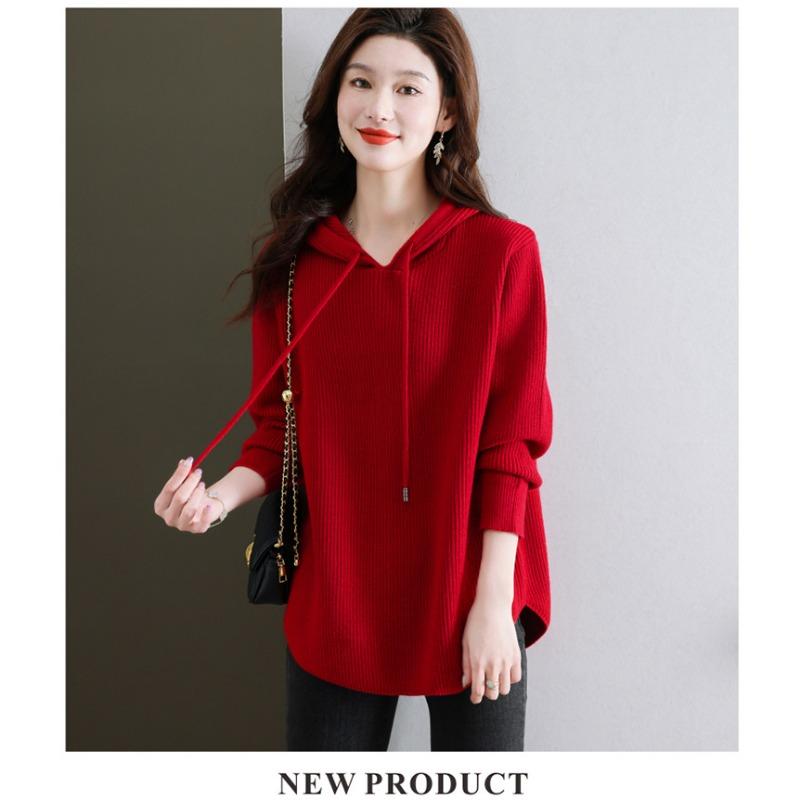 Podzim Zima Jednobarevný Volný Ležérní Pletený Top s Kapucí Dámský Vintage Stahovací Svetr