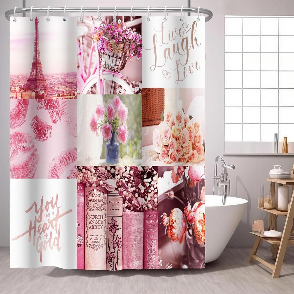 African American Woman Shower Curtain Black Woman Colorful Flower on Green Backdrop,Morden Fashion Gril Fabric Shower Curtains