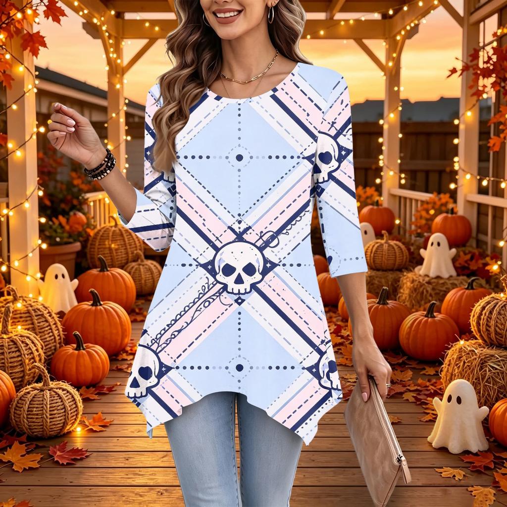 Women's Halloween Print 3/4 Sleeve Loose Fit Casual Top – Fun Holiday Party Tunic Blouse