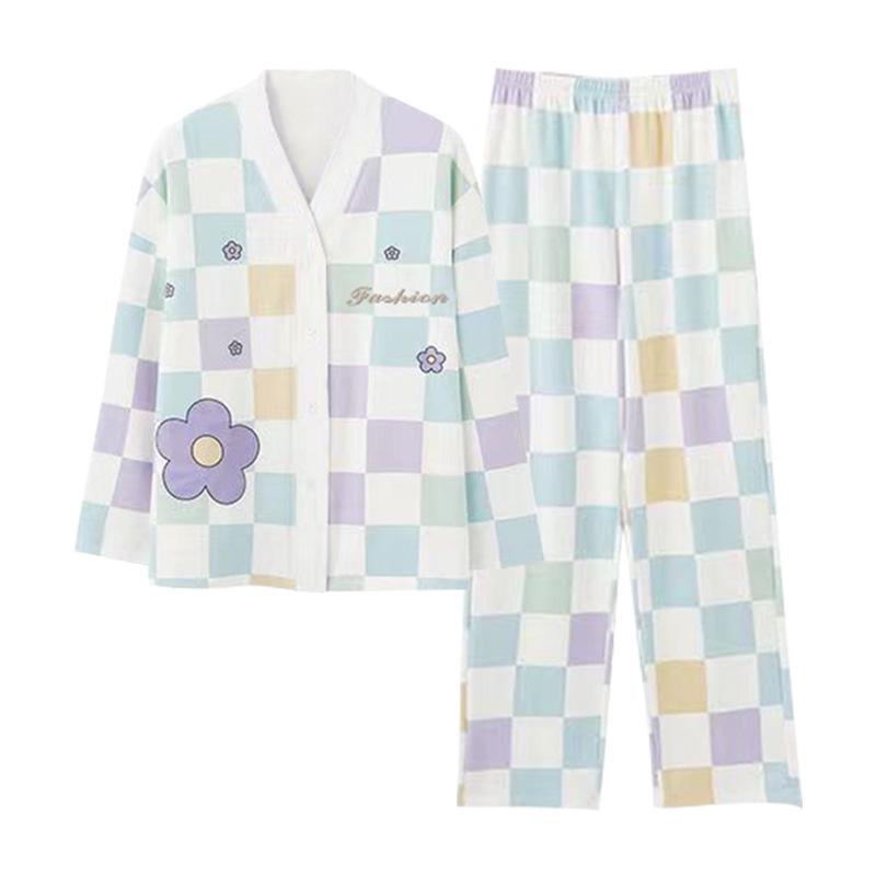 Autumn V-Neck Women's Pajamas Set: Cute Long-Sleeve, Plus-Size Homewear for Spring/Autumn.