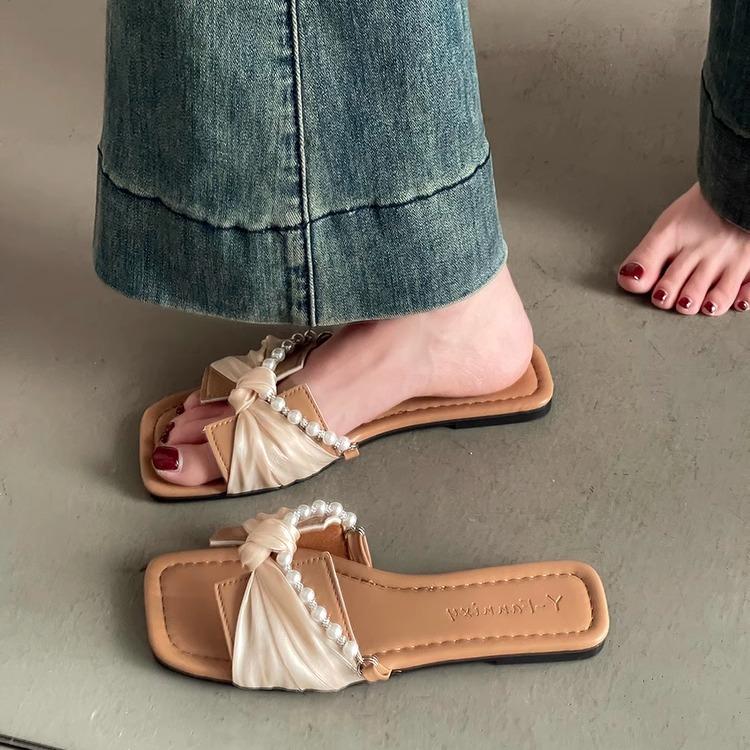 Fashion Shoes Woman 2025 Big Size Slippers For Swimming Pool Luxury Slides String Bead Beach Designer Flat Shoes Woman 2025 Slippers For