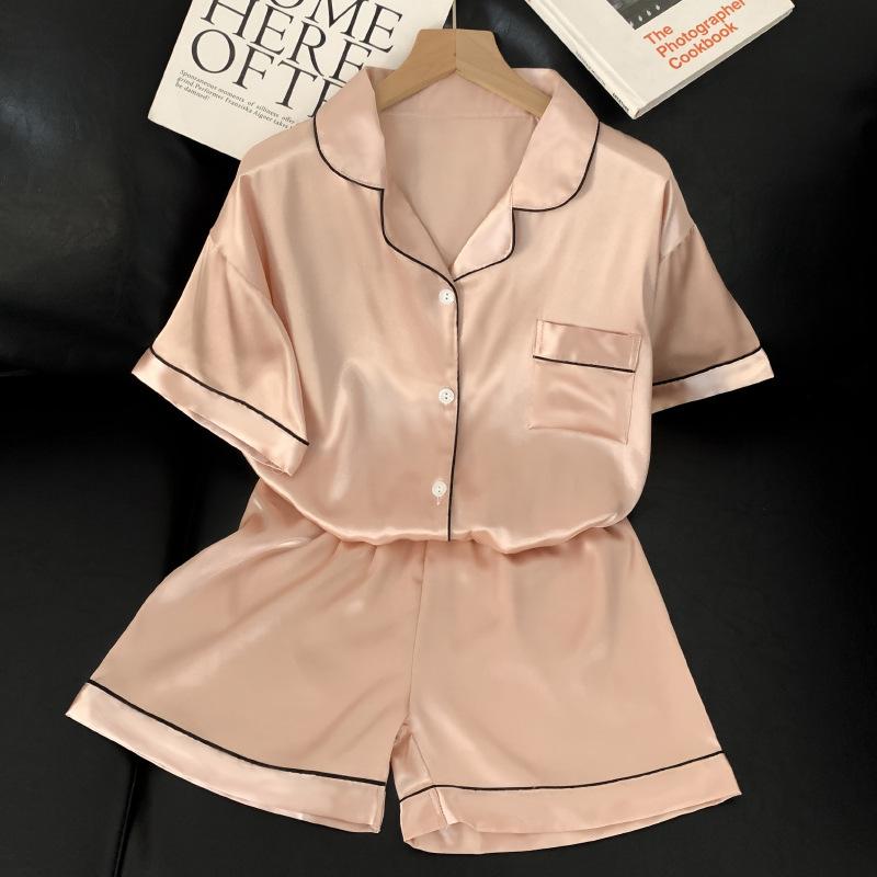 Summer Pink Sweet And Cute Wind Ice Silk Short-Sleeved Pajamas Women'S Loungewear Can Be Worn Outside