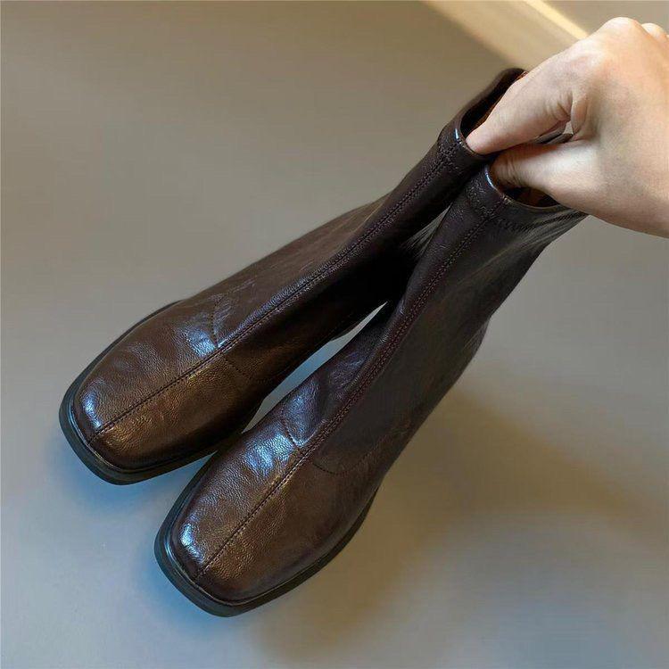 French Soft Leather Chunky Heel Women's Ankle Boots - Retro Square Toe, High Heel, Elastic Slimming, Plus Velvet, Autumn/Winter 2025 Collection.