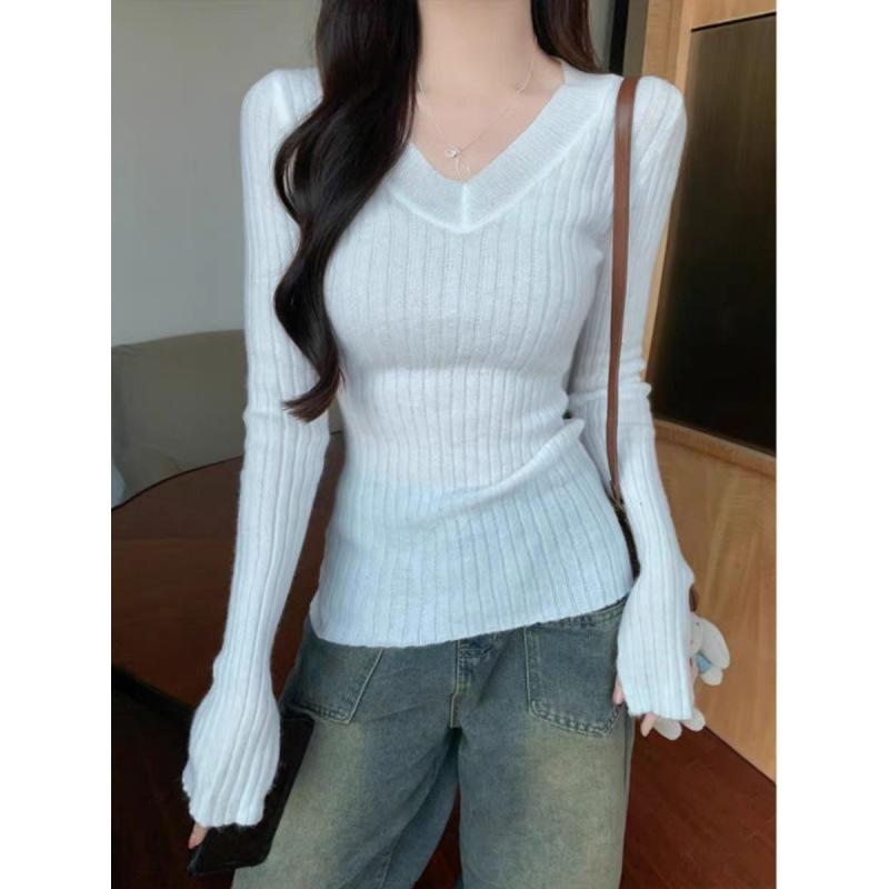 Gray Knitted Sweater Long-sleeved Women's New Spring and Autumn Inner Lining Long-sleeved Thin Top