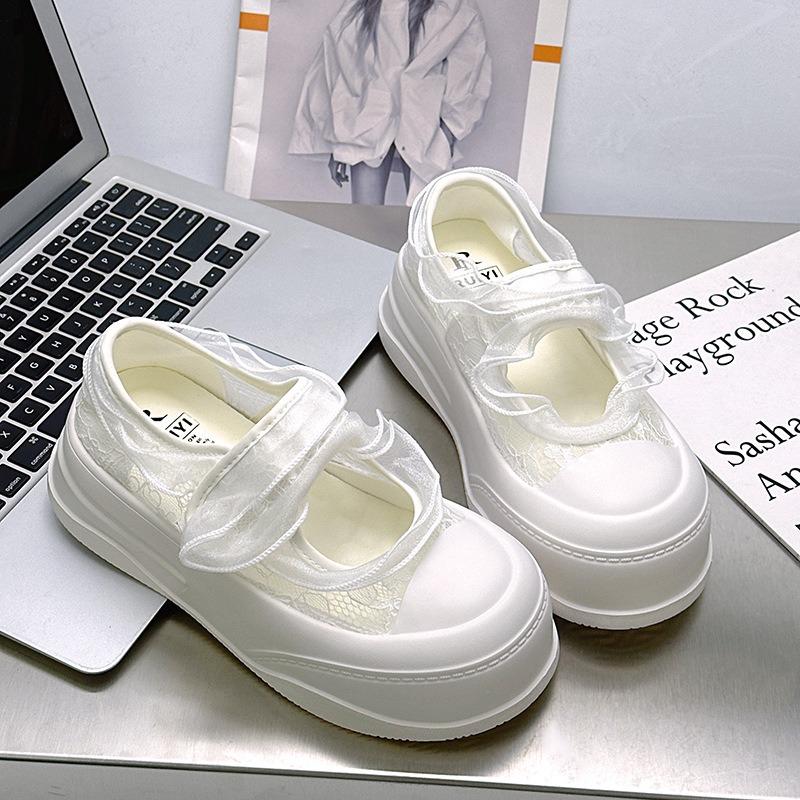 - Lace thick-soled Velcro hollow board shoes 5cm organza atmosphere versatile height-increasing casual shoes