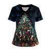 Women's Short Sleeved Christmas Printed V-neck Buttonable Side Slit Top T-shirt