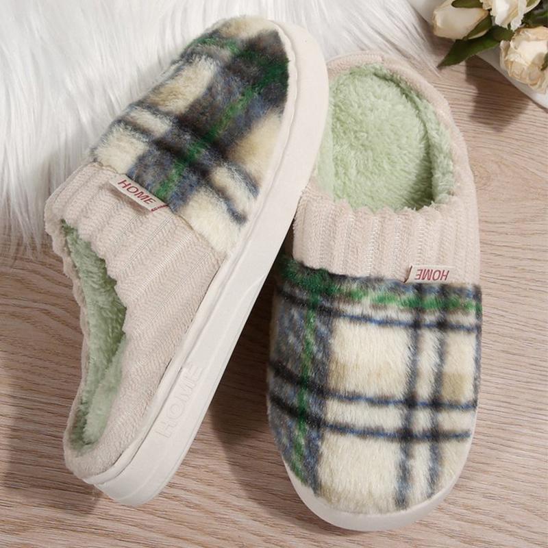 Fashion Fashion Plaid Cotton Slippers for Women Flat Heel Non Slip Cotton Slides Woman Indoor Purple Green Warm Plush Slippers Female