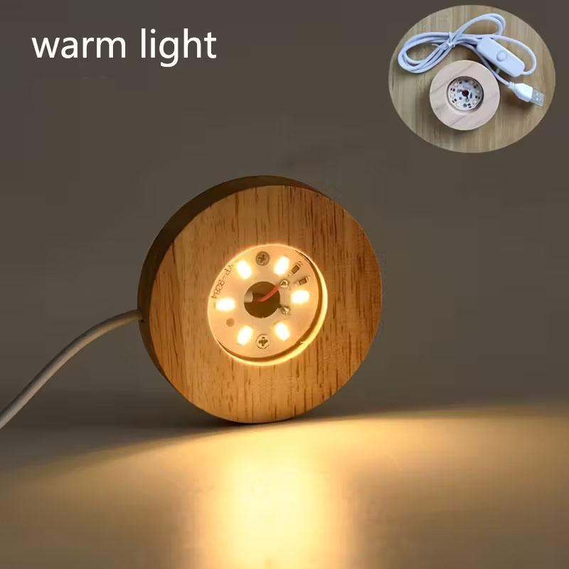 

6cm/8cm Wooden LED Display Bases Round LED Light Stands with USB Cable Warm White/RGB Night Light Artistic Crystal Glass Stand 6cm