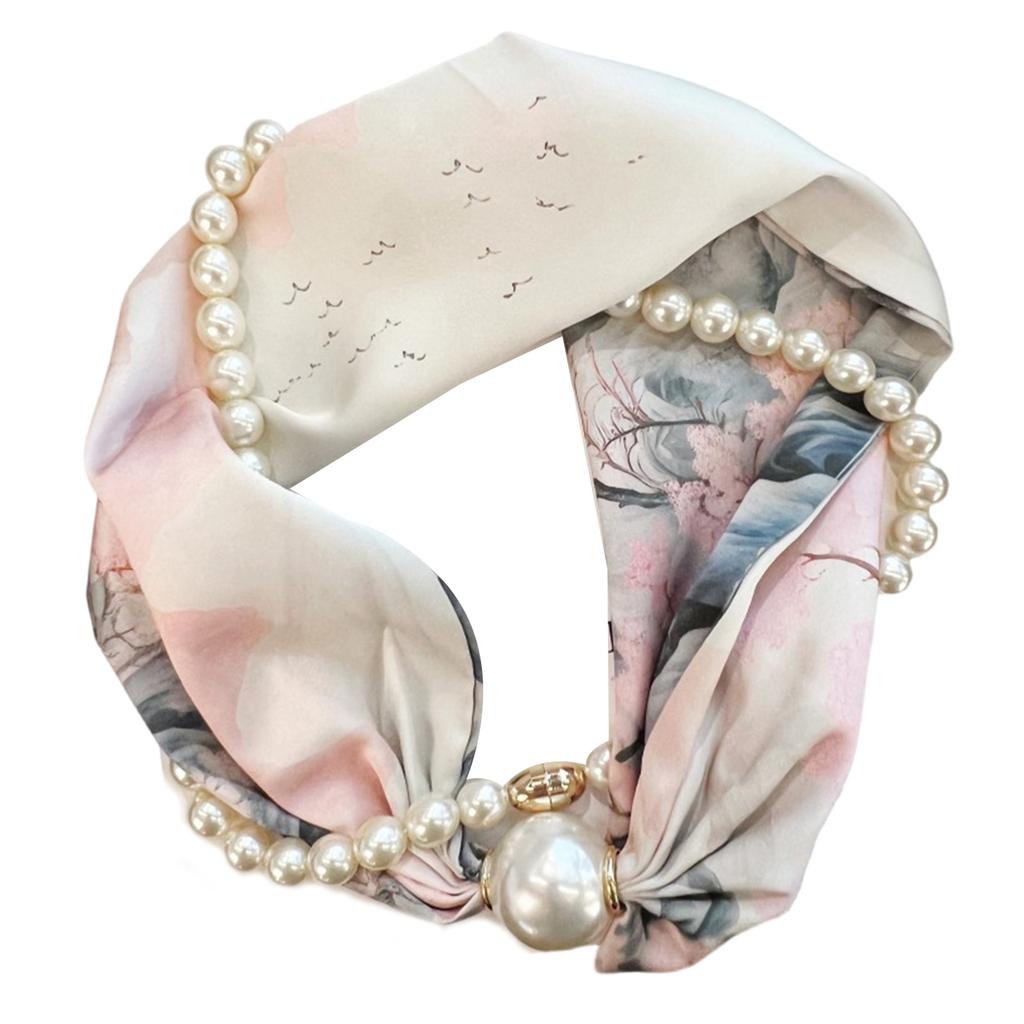 Magnetic Clasp Pearls Chain Necklace Floral Satins Scarf Elegant Silk Skinny Narrow Neckerchief for Fashionable Women