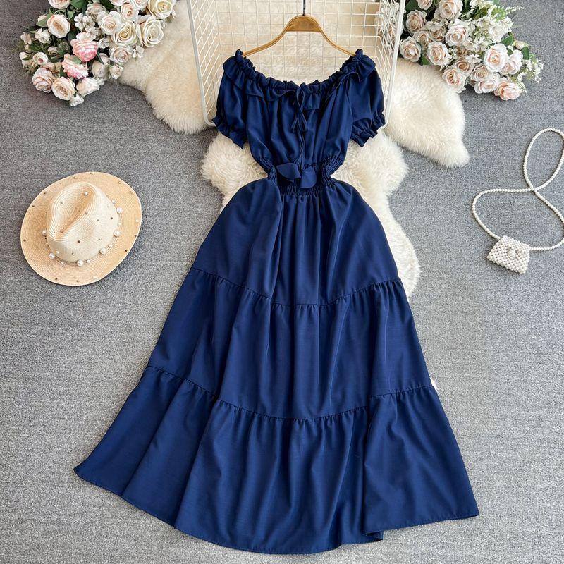 

Off-the-Shoulder Socialite A- line Dress Seaside Vacation Short Sleeve Dark blue All yards