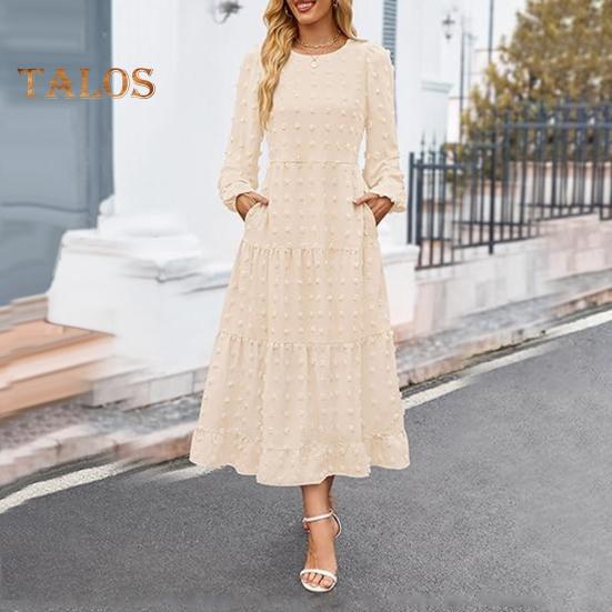 Herbst Winter Damen Kleid Lange Laternenärmel A-Linie Rundhals Großer Saum Punktapplikation Plissiert Einfarbig Dating Pendeln Midikleid