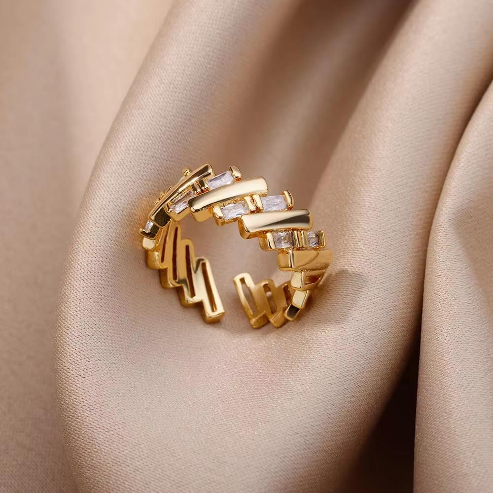 Zirkon Kristall Geometrische Ringe für Damen Edelstahl Goldfarbe Verstellbarer Fingerring Trendiger Hochzeitsschmuck Luxus