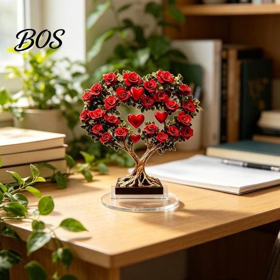 Crystal Rose Ornament Acrylic Ornament, 2D Flat Flower Decoration with Base, Table Art Centerpiece Romantic Desktop Decor for Home Shelf Cabinet